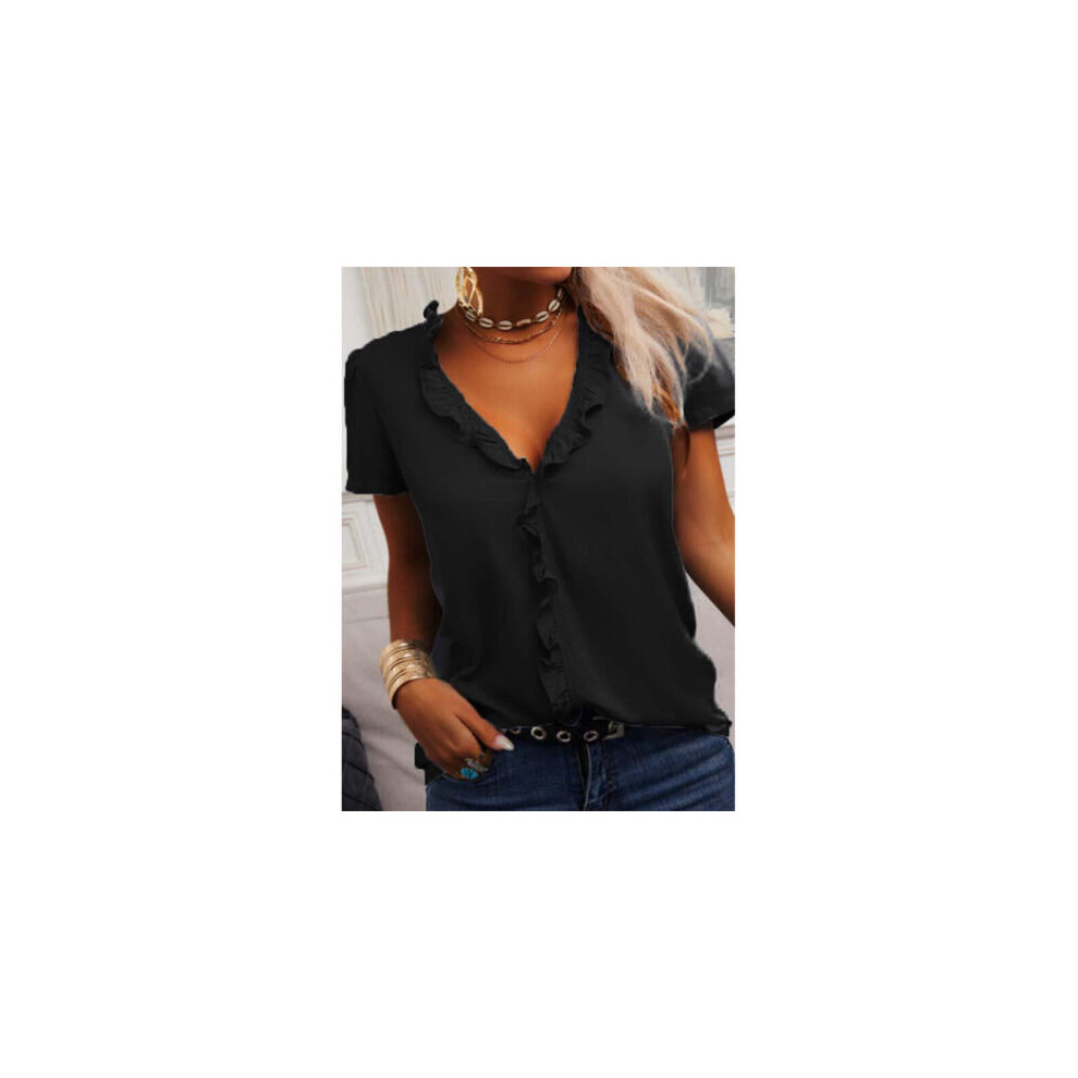 (Black, Tag Size 3XL=UK Size 16) Womens Short Sleeve Ruffle V Neck T Shirt Ladies Casual Loose Plain Tops Blouse