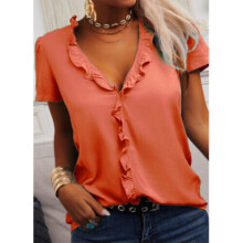 (Orange, Tag Size 4XL=UK Size 18) Womens Short Sleeve Ruffle V Neck T Shirt Ladies Casual Loose Plain Tops Blouse
