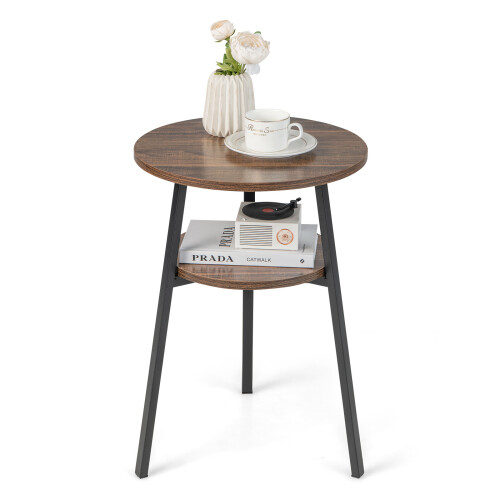 Costway Round End Table 2-Tier Bedside Table Versatile Retro Accent Table