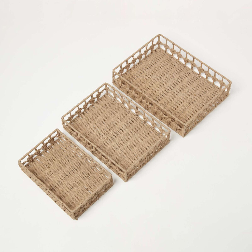 Homescapes Set Of 3 Natural Woven Rectangle Storage Trays