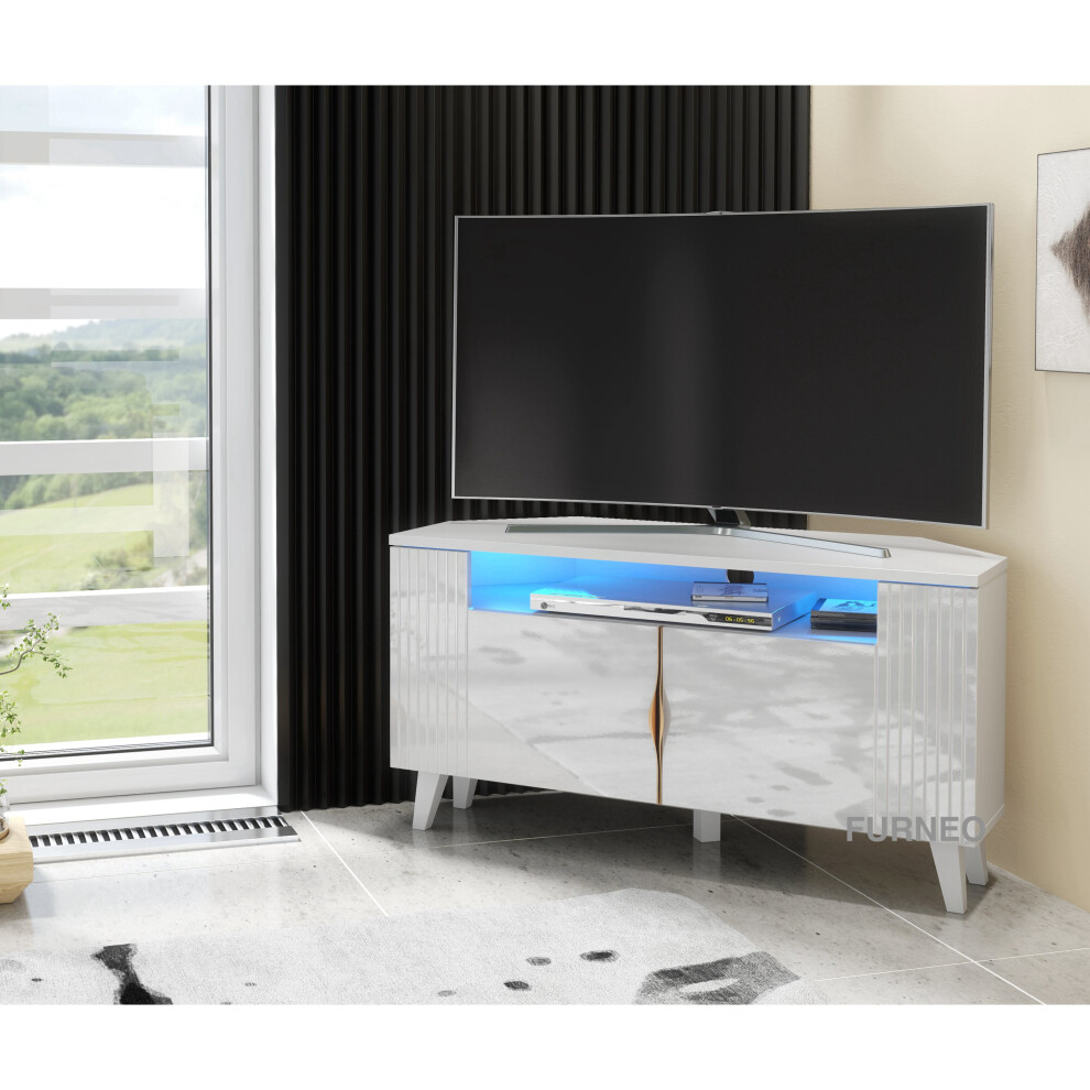 (White LED Lights) Furneo White Corner TV Stand 100cm Unit Cabinet Matt & High Gloss Azzurro06 Brushed Gold Handles LED Lights