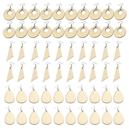 60Pcs Unfinished Wood Blank Earrings with Holes and Earrings Hooks for DIY Jewelry Making