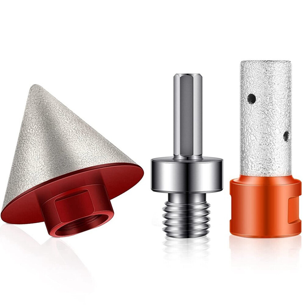 3Pc Diamond Beveling Chamfer Bits with 5/8-11 Inch Thread Adapter and Diamond Milling Bits for Existing Holes Enlarging