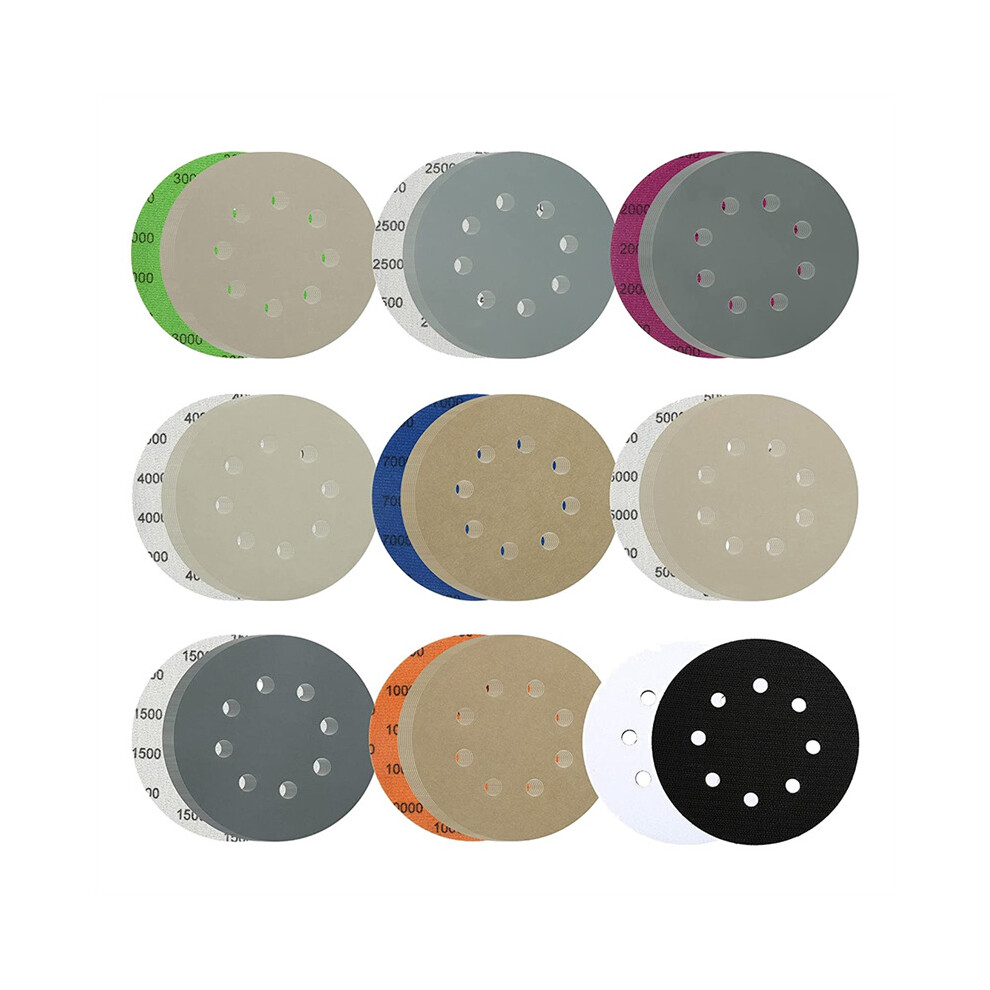 64 Pcs Sanding Disc, 5Inch 8 Hole Sandpaper with 2 Interface Pads for Wet and Dry Polishing of Automotive,Metal and Wood