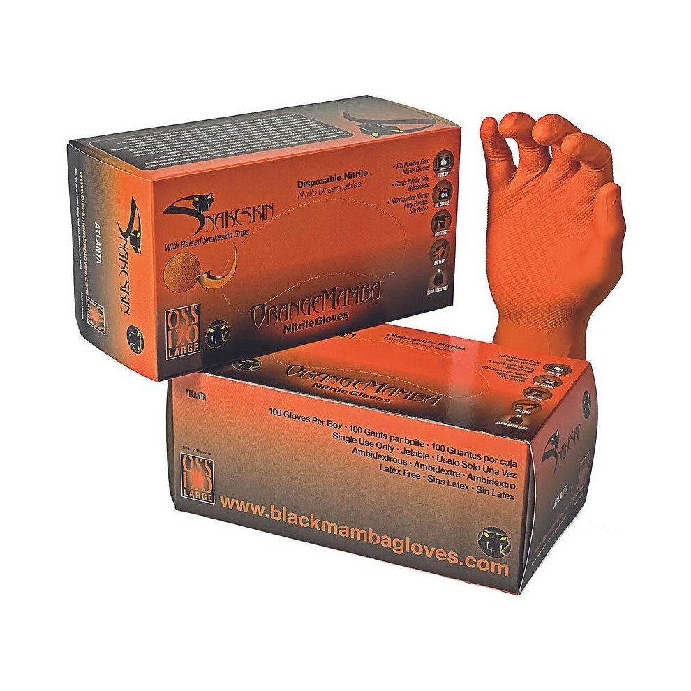 (XL) Black Mamba Snakeskin Nitrile Disposable Gloves Orange 