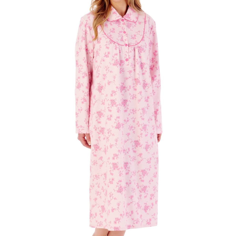 (Pink, UK 24/26) Slenderella Ladies Floral Flannel Long Sleeve Collar Nightdress