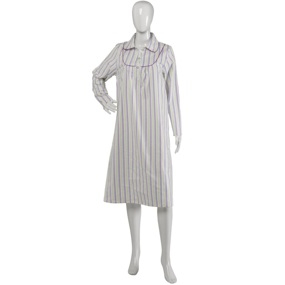 (Blue, UK 12/14) Slenderella Ladies Striped Cotton Long Sleeved Collar Nightdress