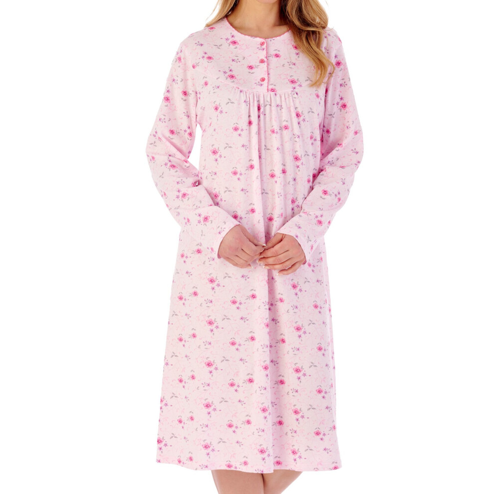 (Pink, UK 28/30) Slenderella Ladies Floral Cotton Jersey Long Sleeve Nightdress