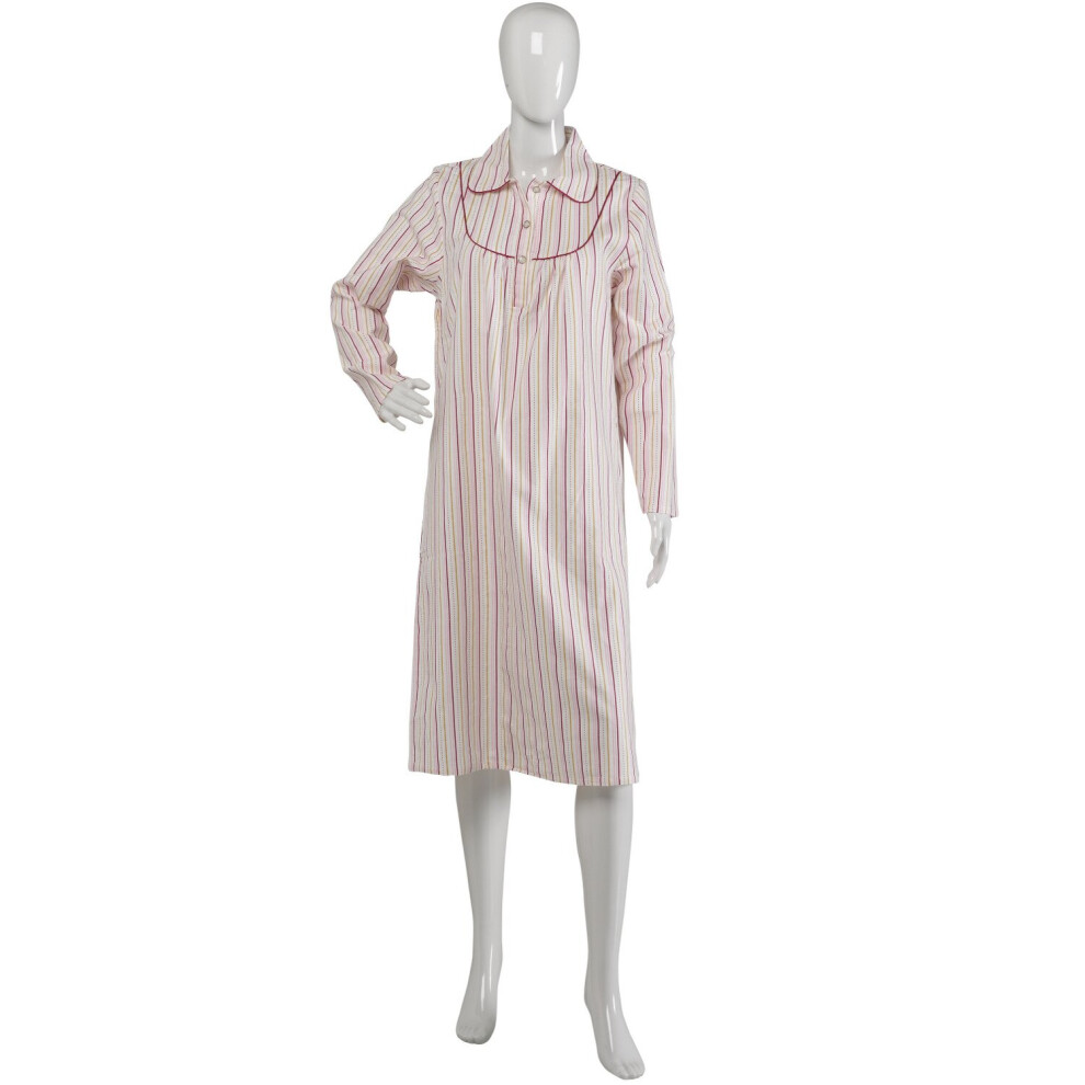 (Pink, UK 12/14) Slenderella Ladies Striped Cotton Long Sleeved Collar Nightdress