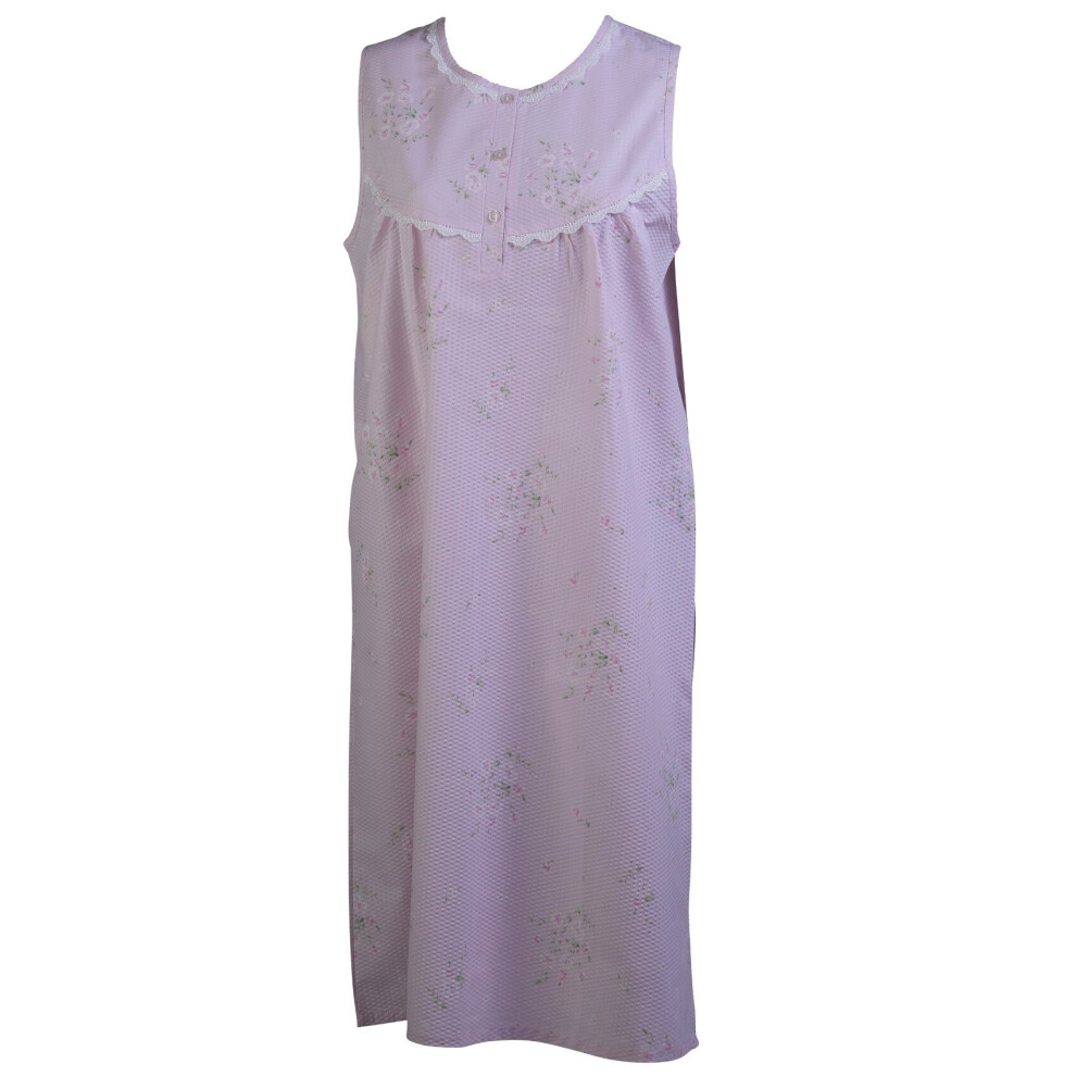 (Pink, UK 10/12) Slenderella Ladies Floral Seersucker Sleeveless Lace Trim Nightdress