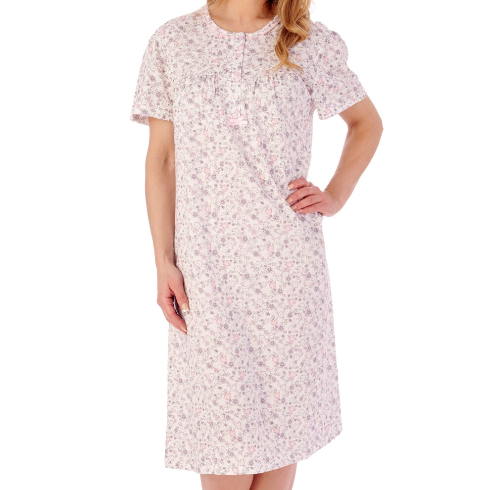 (Grey, UK 12/14) Slenderella Ladies Ditsy Floral Short Sleeve Jersey Cotton Nightdress