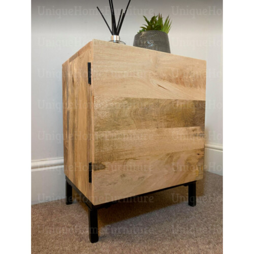 Industrial Bedside Table Rustic Solid Wood Nightstand Vintage Storage Cabinet 1