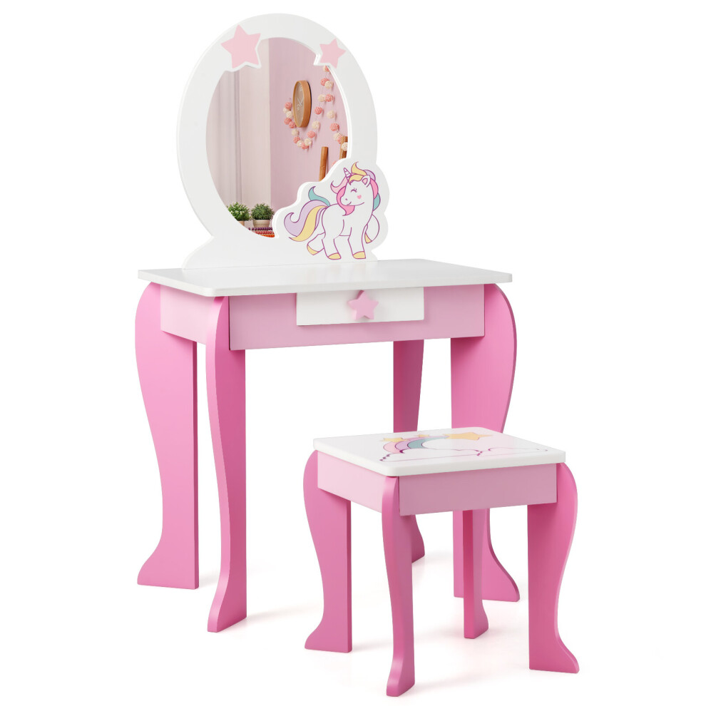 Kids Vanity Table and Chair Set Princess Makeup Dressing Table 