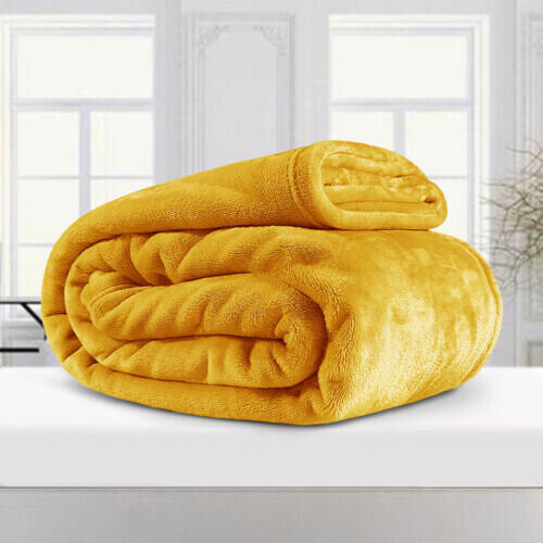 (MUSTARD, DOUBLE) Soft Thick Fleece Blanket Sofa/Couch/Bed Throw UK