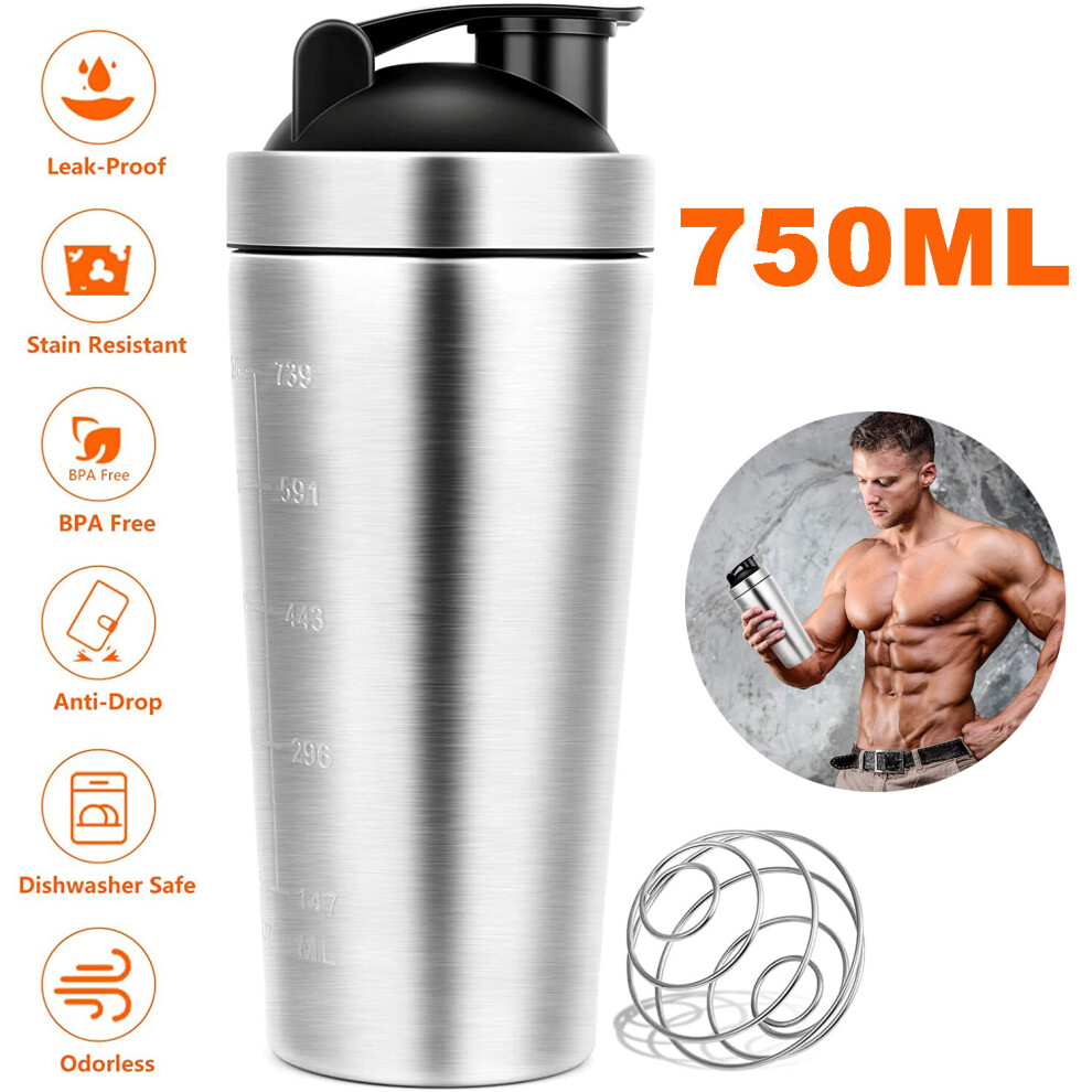 Stainless Steel Protein Shaker Bottle 750ml Leakproof Fitness Shaker