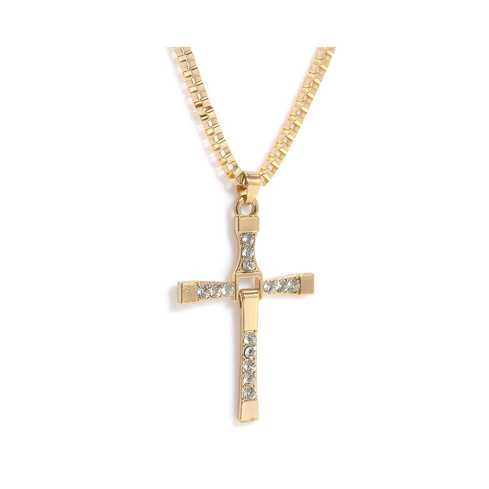 (Gold) Fast The And The Furious 8 Toretto Men Chain Necklace Silver Crucifix Pendant