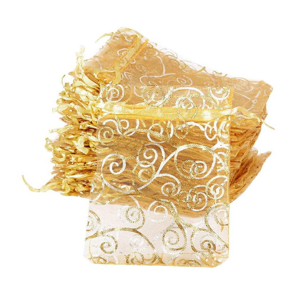 100pcs Organza Drawstring Pouches Jewellery Favour Gift Bags for Wedding Christmas Festival Gift Party (Golden Patterned White)-image-OPC-PBHMCYS-NEW