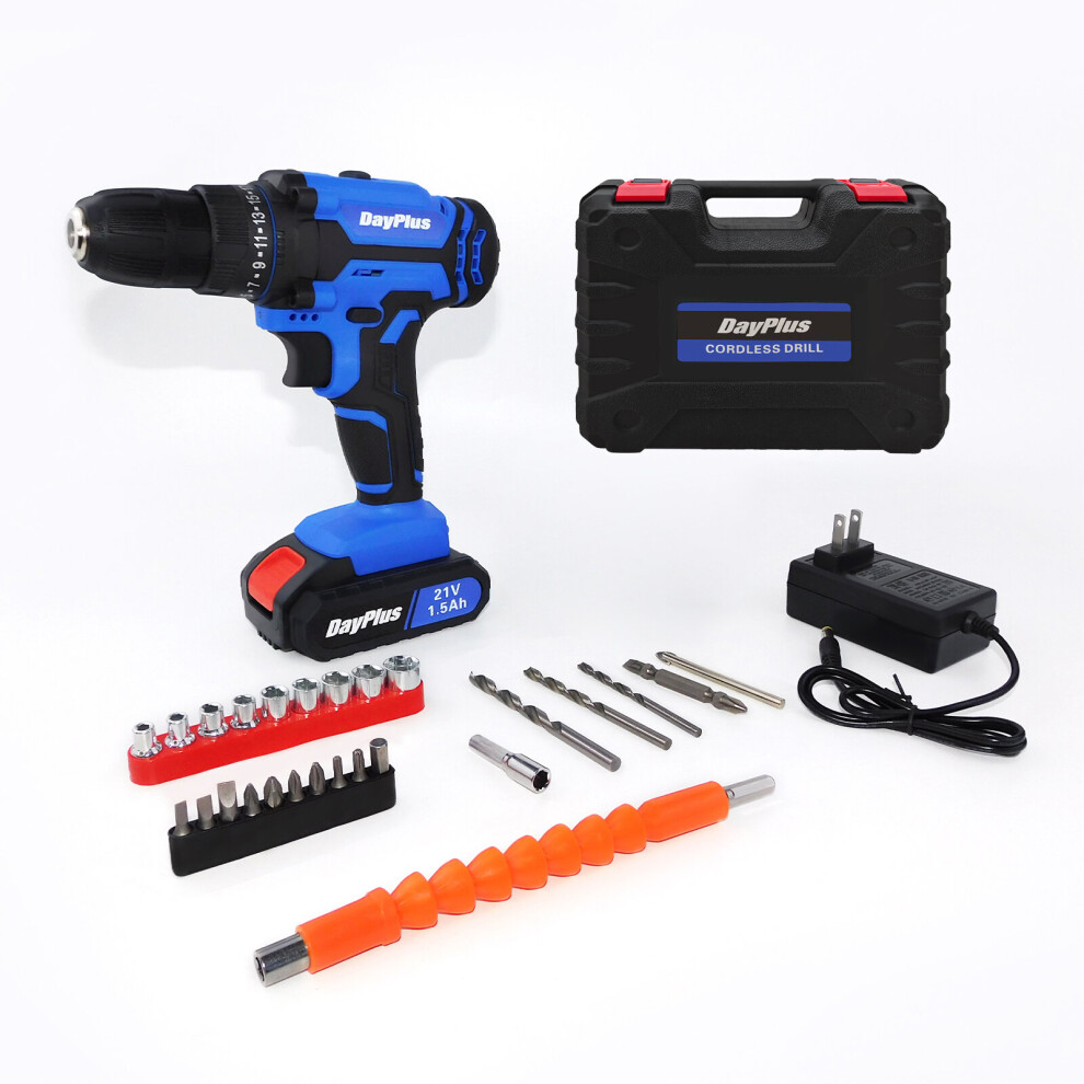 (2pcs 1.5Ah Batteries) Cordless Drill Set, 21V Electric Drill Driver, 25+1 Torque Setting, 45N.m Torque 2 Variable Speed Max 1400 rpm with LED Light f