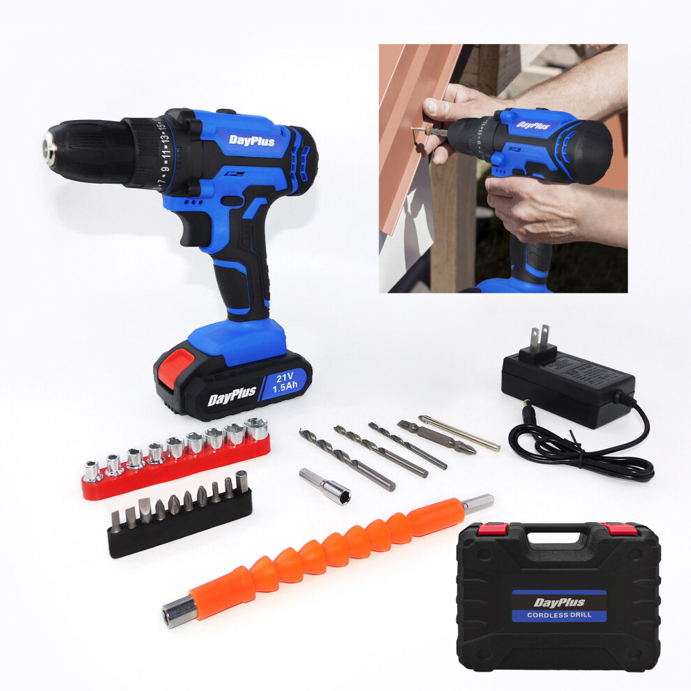 (1 Battery) Cordless Drill 21V with 26 Drill Bits Electric Drill Driver Low Noise 18+1 Keyless Clutch 2 Speed Driver with LED Light