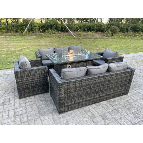 Fimous Outdoor Rattan Garden Furniture Gas Fire Pit Table Sets Gas Heater Lounge Chairs 8 Seater 6904