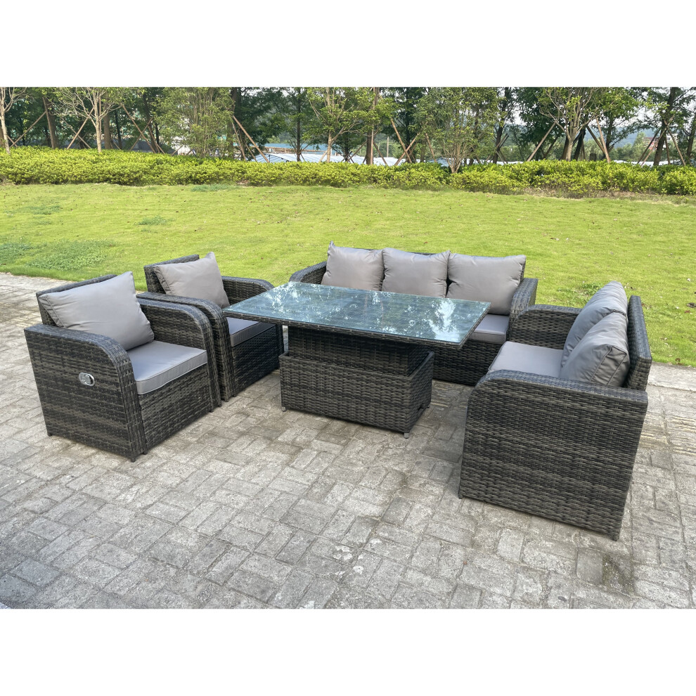 Fimous Rattan Outdoor Garden Furniture Lifting Adjustable Dining Or Coffee Table Sets 7 Seater
