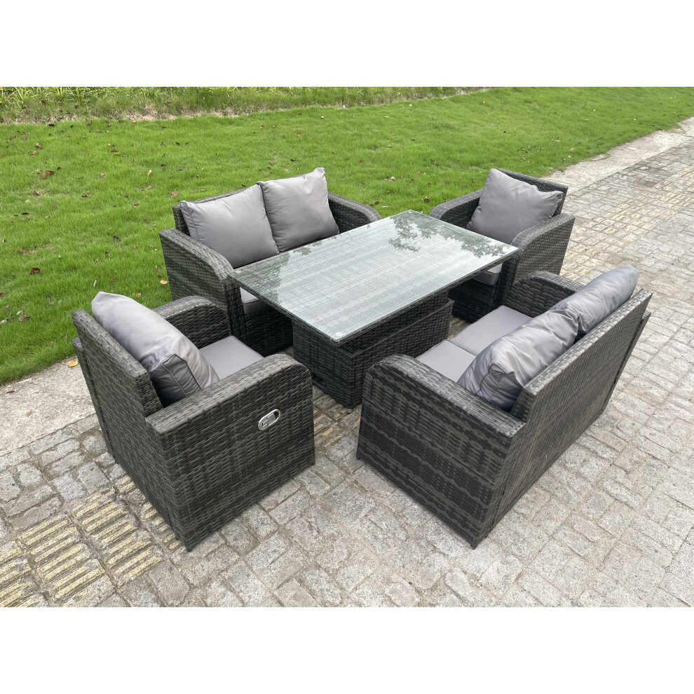 Fimous Rattan Garden Furniture Sofa Set Dining Table Rising Lifting Table 6 Seater Grey