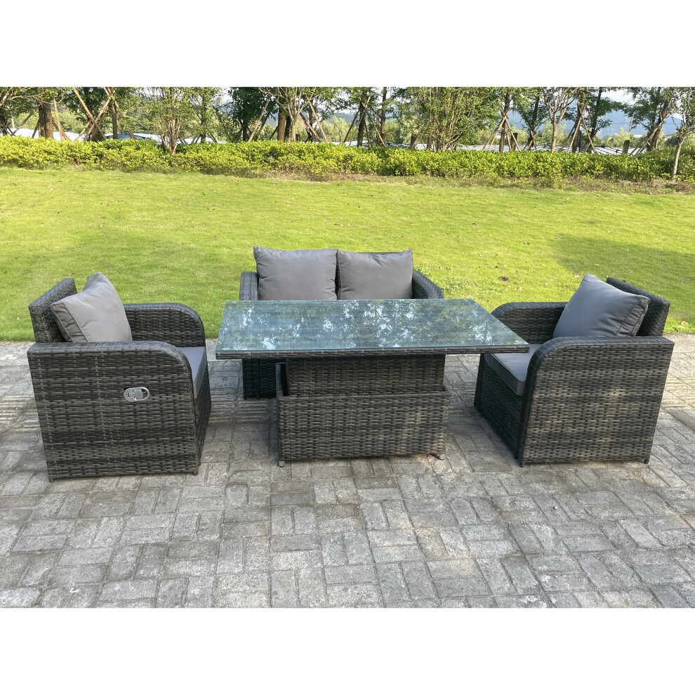 High Back Rattan Garden Furniture Sets Gas Fire Pit Dining Table  Left Corner Sofa Big Footstools 7 Seater