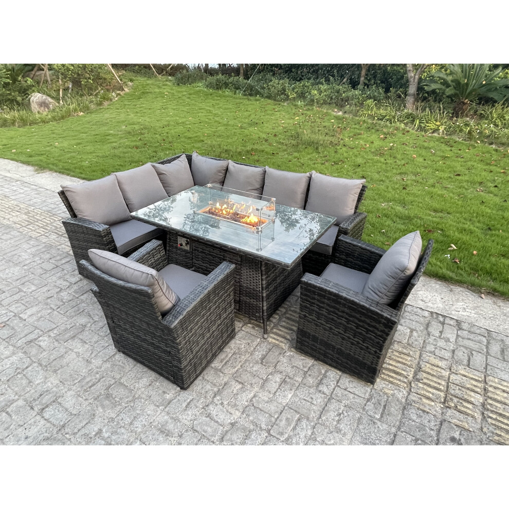 Fimous Rattan Corner Sofa Garden Furniture High Back Sofa Set Gas Fire Pit Dining Table  8 Seater