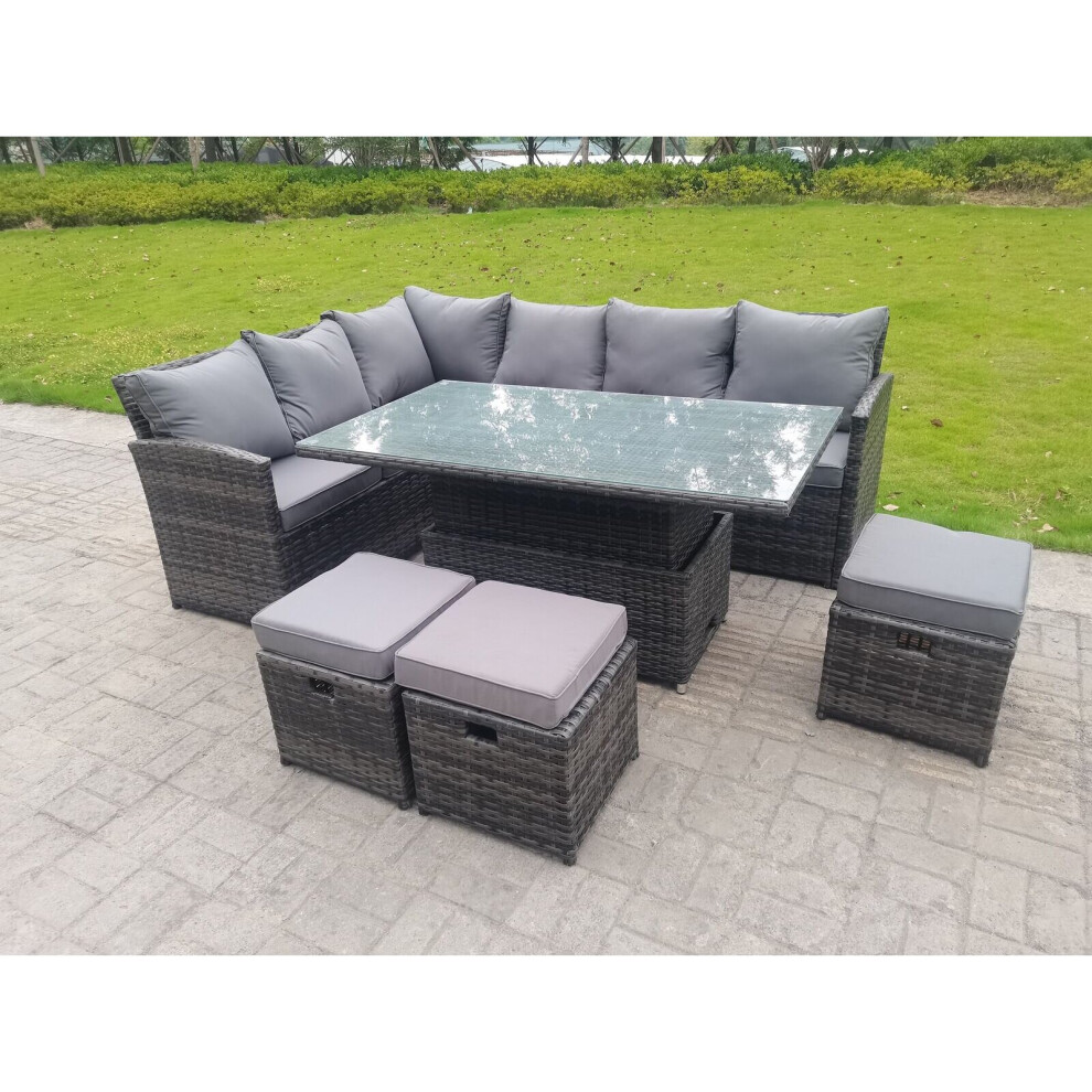 Fimous High Back Corner Rattan Garden Furniture Sofa Rising Dining Table 9 Seater