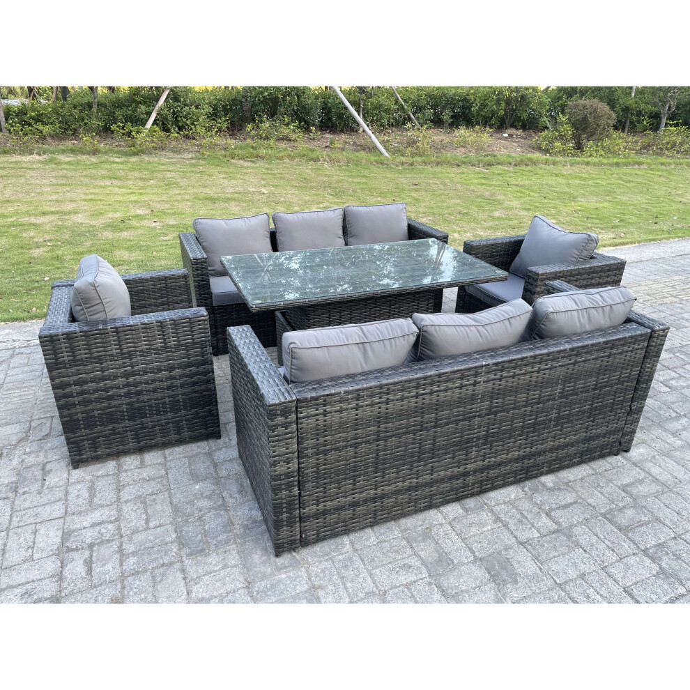 Fimous Outdoor Rattan Garden Furniture Height Adjustable Rising Lifting Table Sets 8 Seater Grey