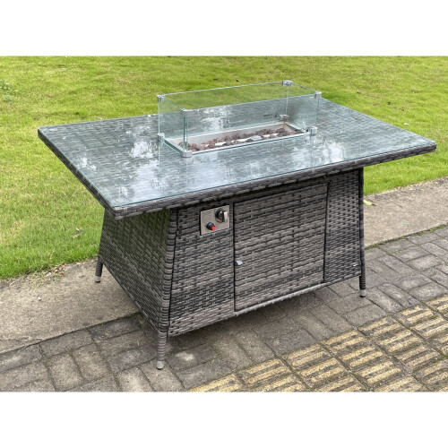 Fimous Outdoor Rattan Gas Fire Pit Dining Oblong Table Gas Heater