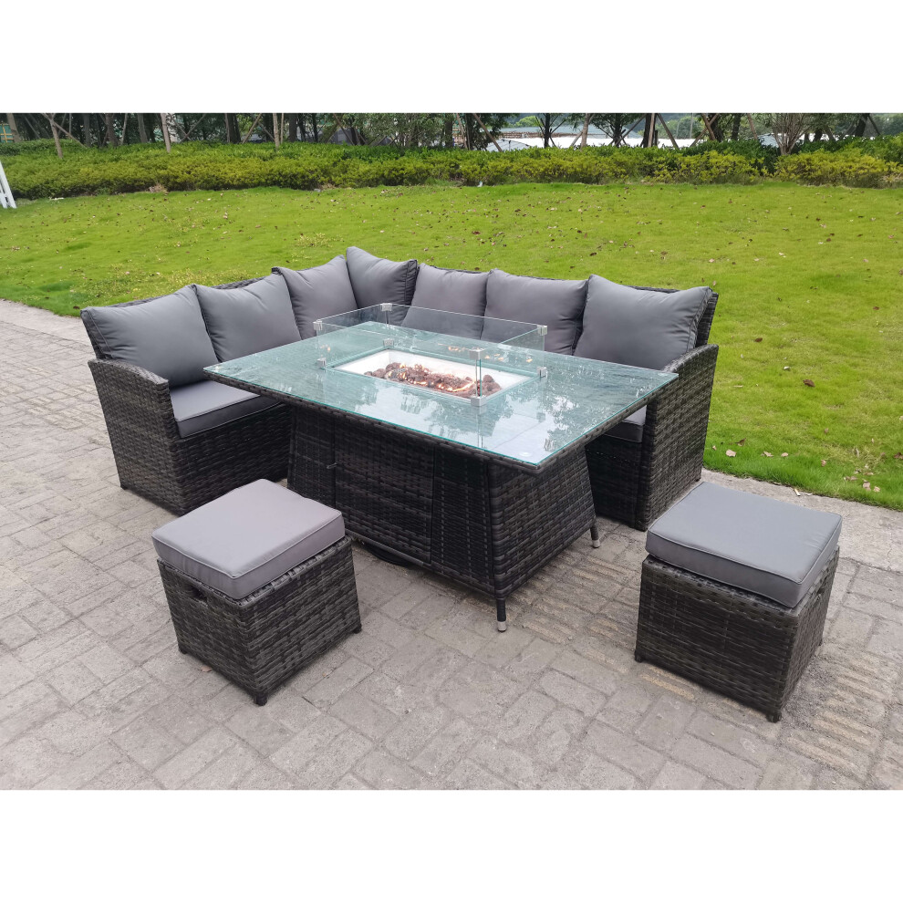 Dark Grey Outdoor Lounge Rattan Corner Sofa Set Garden Furniture Rectangular Dining Table Chair