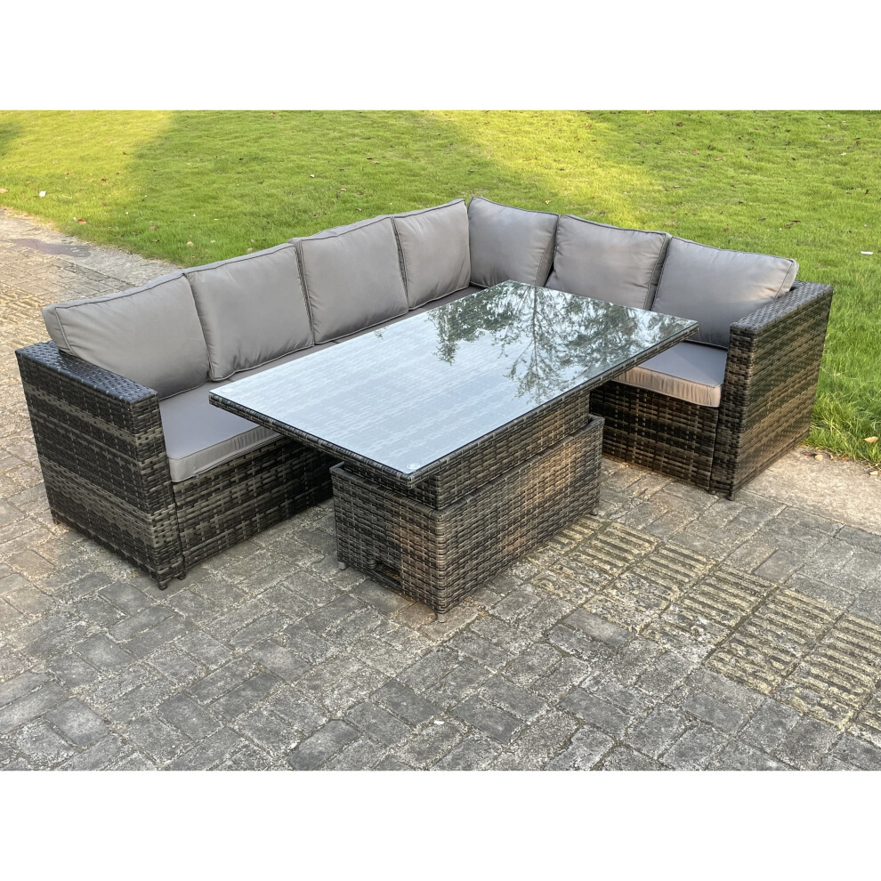 Fimous 6 Seater Rattan Corner Sofa Set Rising Adjustable Dining Table Set