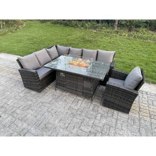 Fimous Rattan Corner Sofa Garden Furniture High Back Sofa Set Gas Fire Pit Dining Table 7 Seater