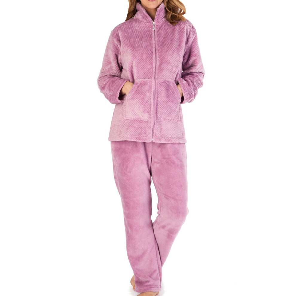 (Heather - Bed Jacket & Lounge Pants, XXL - UK 24/26) Slenderella Ladies Fleece Pyjamas Zip Up Waffle Top & Plain Bottoms