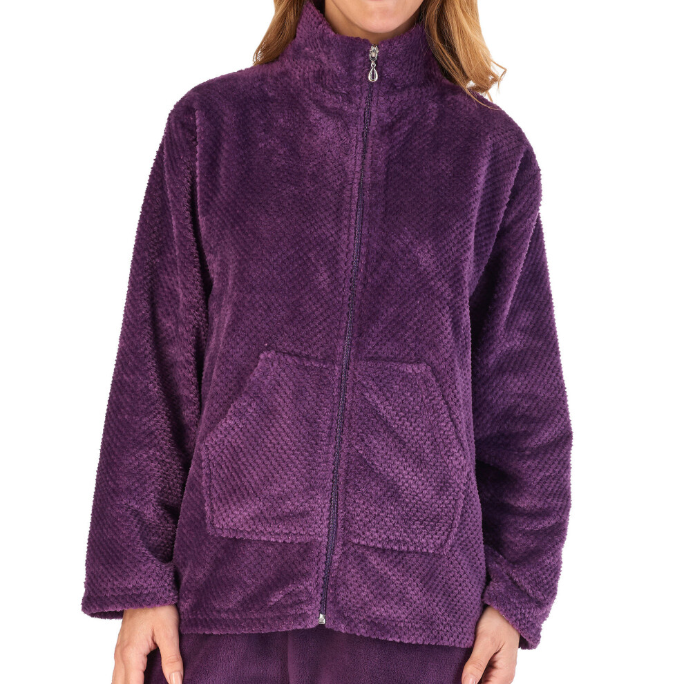 (Plum - Bed Jacket, Extra Large - UK 20/22) Slenderella Ladies Fleece Pyjamas Zip Up Waffle Top & Plain Bottoms