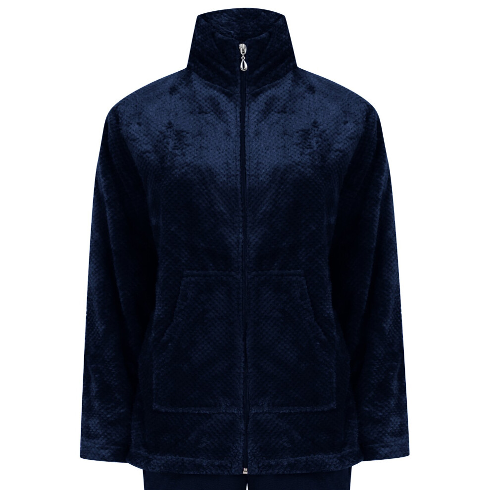 (Navy - Bed Jacket, XXXL - UK 28/30) Slenderella Ladies Fleece Pyjamas Zip Up Waffle Top & Plain Bottoms