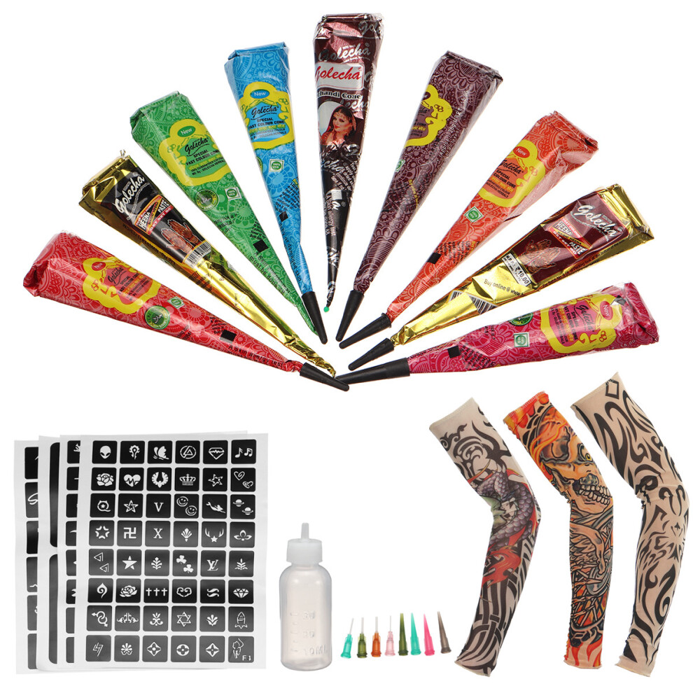 9PCS Henna Tattoo Temporary Cones Cream Set Drawing Finger Body Art Hand-painted Tattoo Makeup Stencil