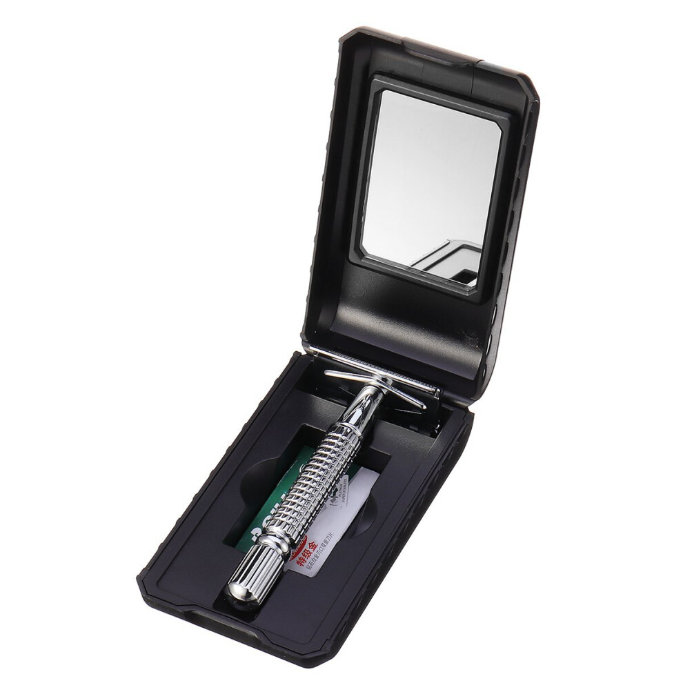 Silver Manual Razor Long Handle Men's Barber Shaving Safety Blade Razor Mirror Storage Box