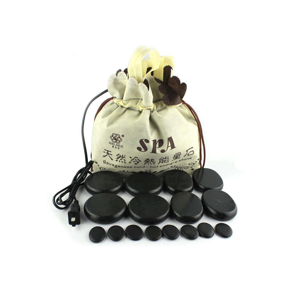 16Pcs Natural Energy Hot Stone Set SPA Essential Oil Volcanic Hot Stone Massage Massager with Heater Bag