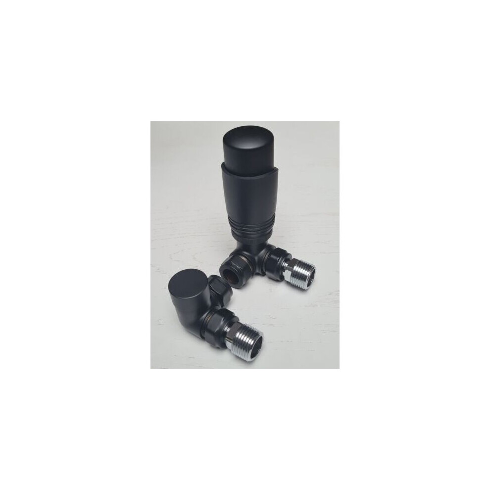 MATT BLACK Corner TRV Thermostatic Radiator Valves Angled Pair 15mm x 1/2" KT