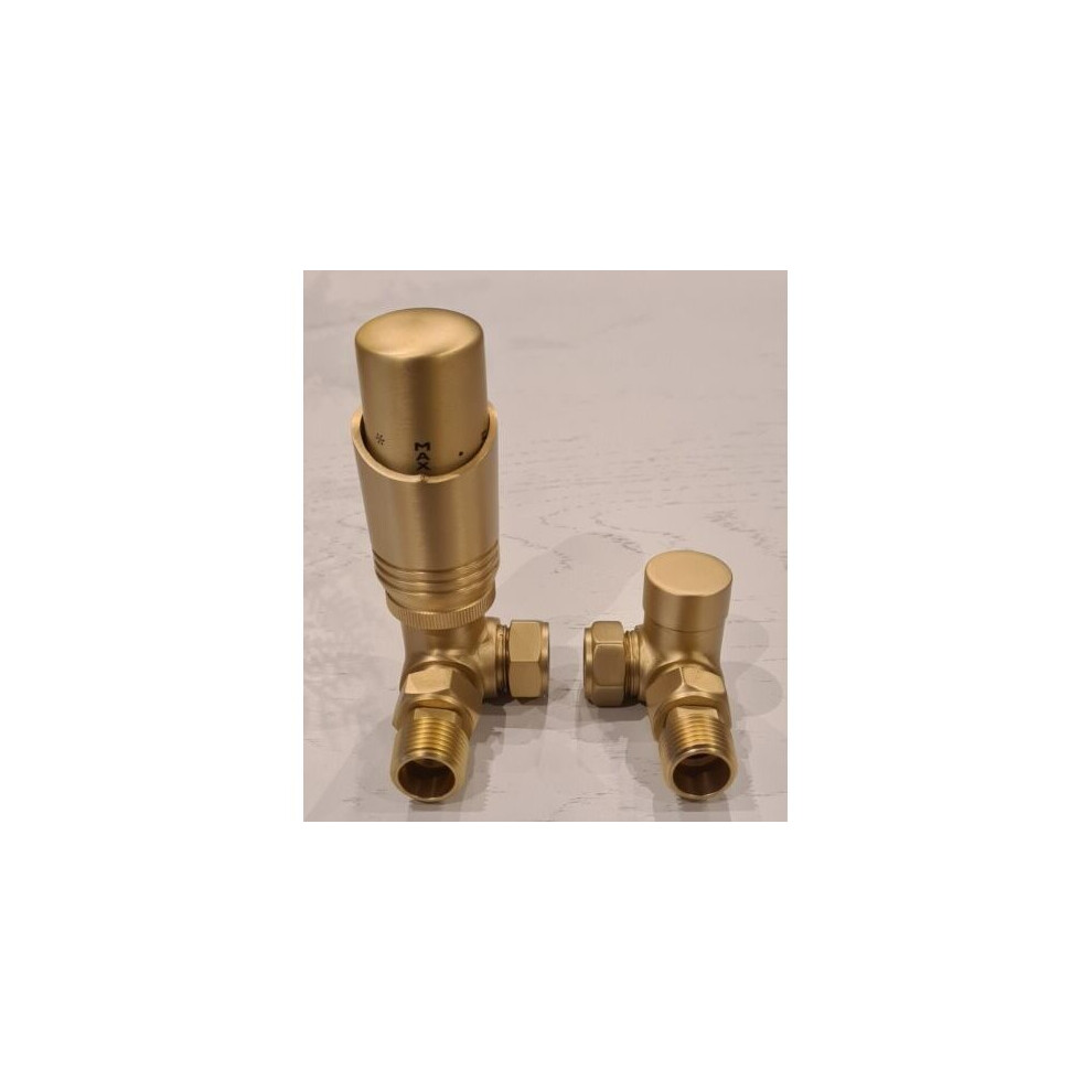 Brushed Brass Corner Thermostatic Radiator Valves & Lockshield 15mm Pack Set KT