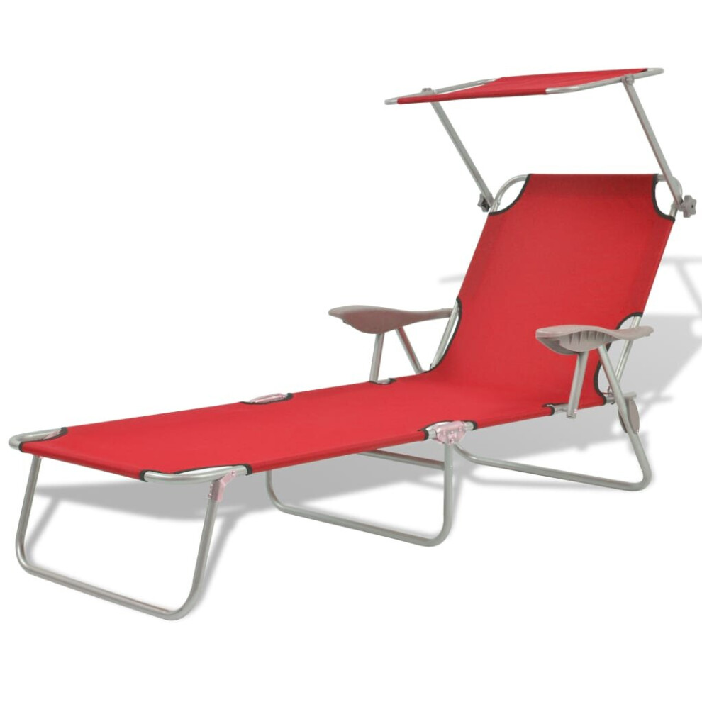 Vidaxl Outdoor Sun Lounger With Canopy Patio Furniture Red Steel 58X189x27 Cm