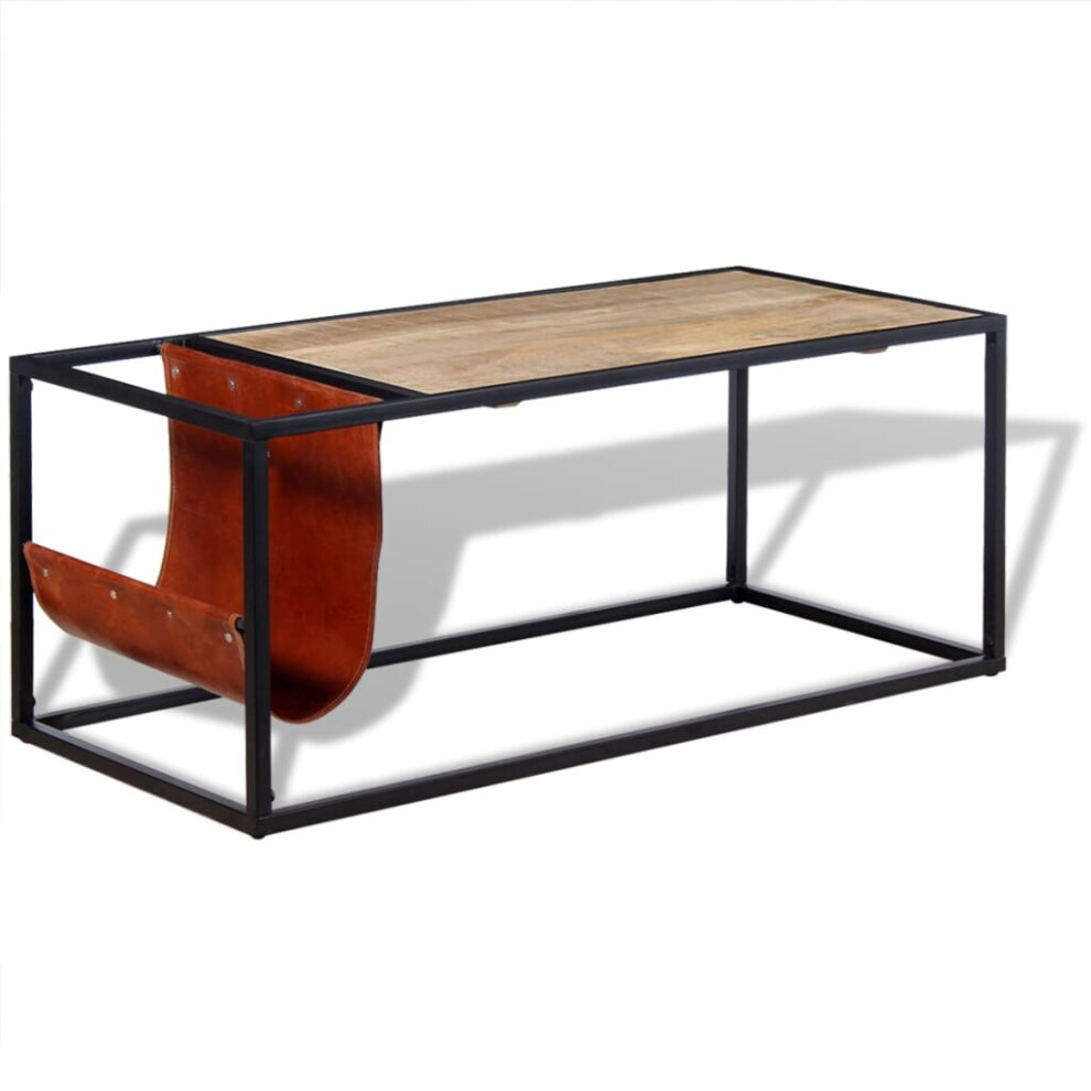 vidaXL Coffee Couch End Side Accent Table with Genuine Leather Magazine Holder