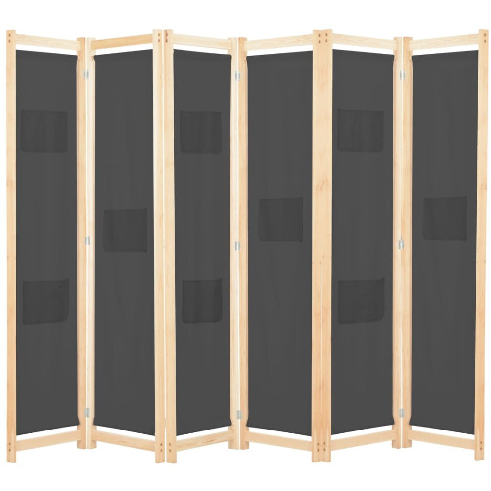 vidaXL 6-Panel Grey Room Divider, 240x170 cm, Fabric & Fir Wood Frame, 9 Pockets — Product Code 248178