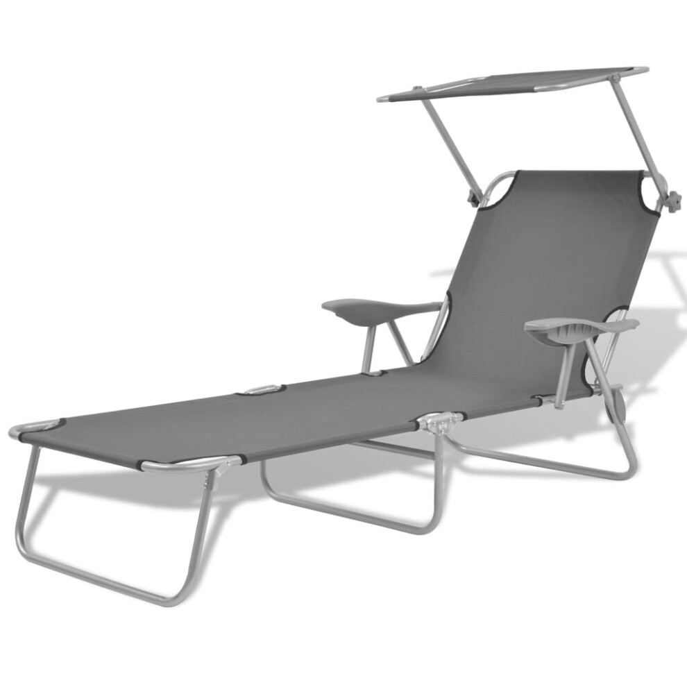 Vidaxl Outdoor Sun Lounger With Canopy Patio Furniture Grey Steel 58X189x27 Cm