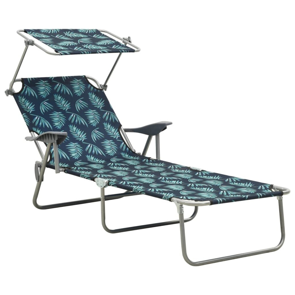 Vidaxl Sun Lounger With Canopy Steel Leaf Print Lounge Bed Outdoor Recliner