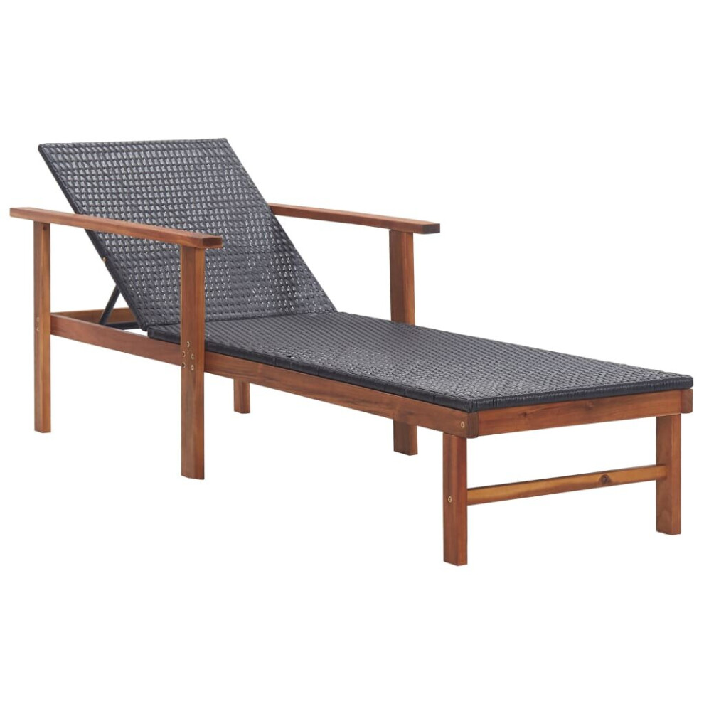 vidaXL Solid Acacia Wood Sun Lounger Poly Rattan Black Outdoor Seating Sun Bed