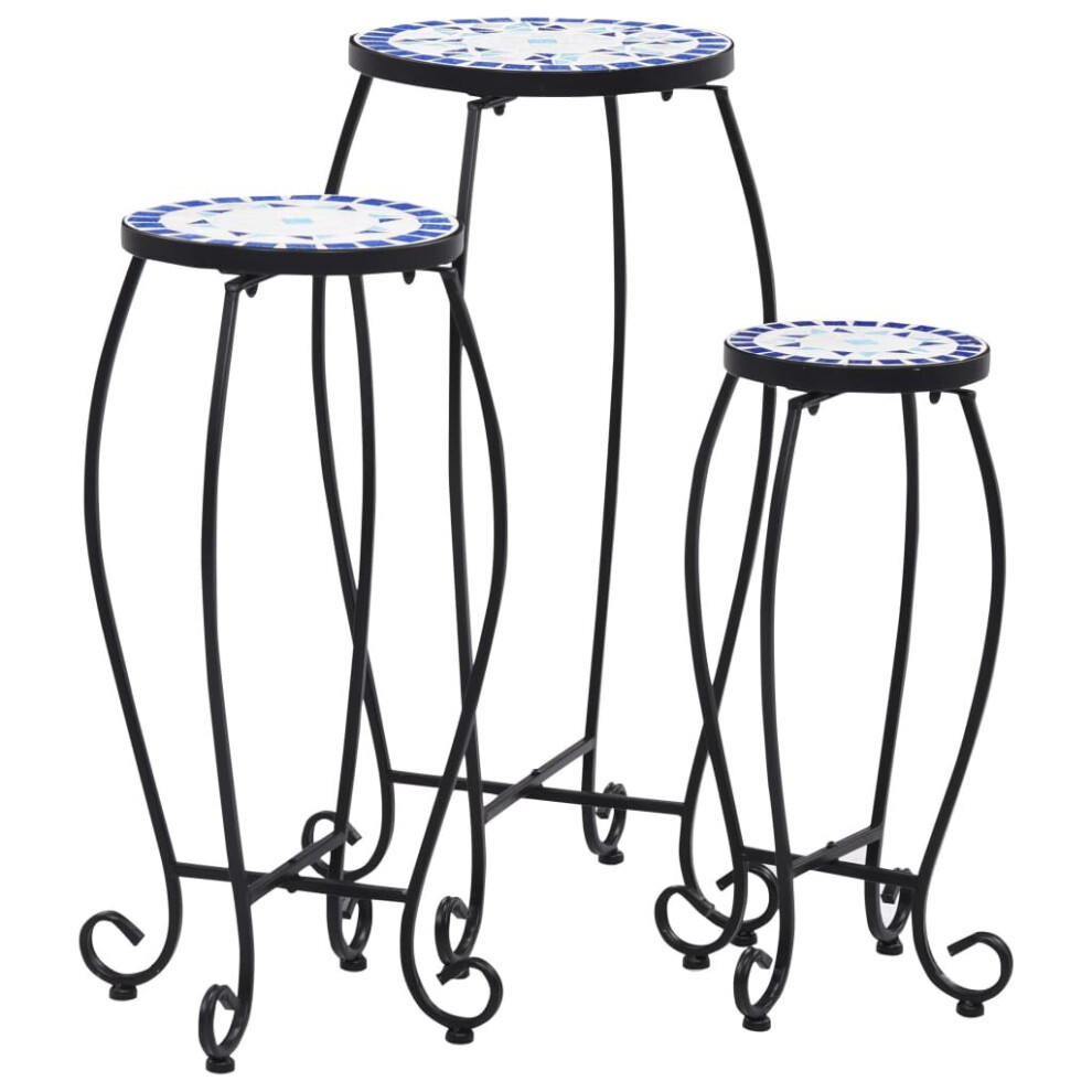 vidaXL 3x Mosaic Tables Round Blue & White Ceramic Plant Desks Garden Balcony