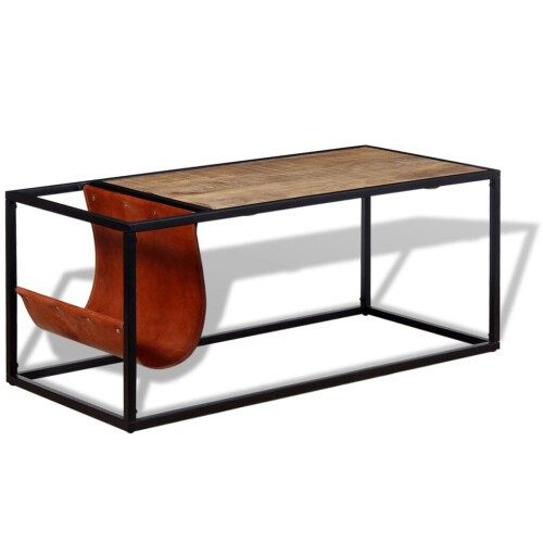 VidaXL vidaXL Coffee Couch End Side Accent Table with Genuine Leather Magazine Holder 1